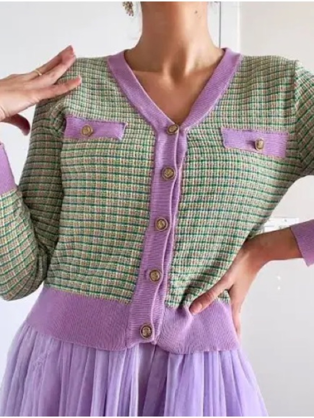 PIECES ASOS Plaid Oversized Cardigan Knit Sweater Green Purple Lavender M NEW